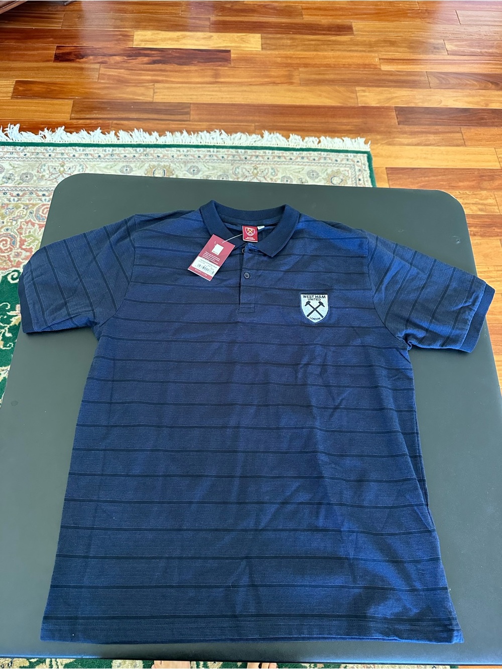 West Ham United Soccer Polo Shirt Short Sleeve Denim Blue Striped Men’s XL